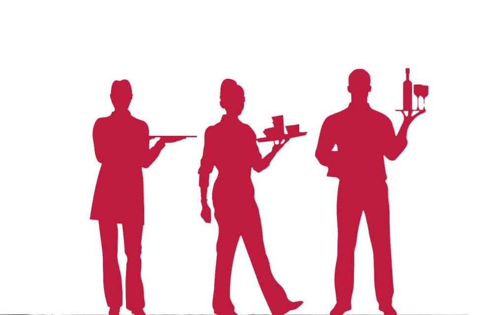 Silhouetten von Menschen, die als Servicekräfte arbeiten und auf einem Tablett Getränke und Speisen servieren